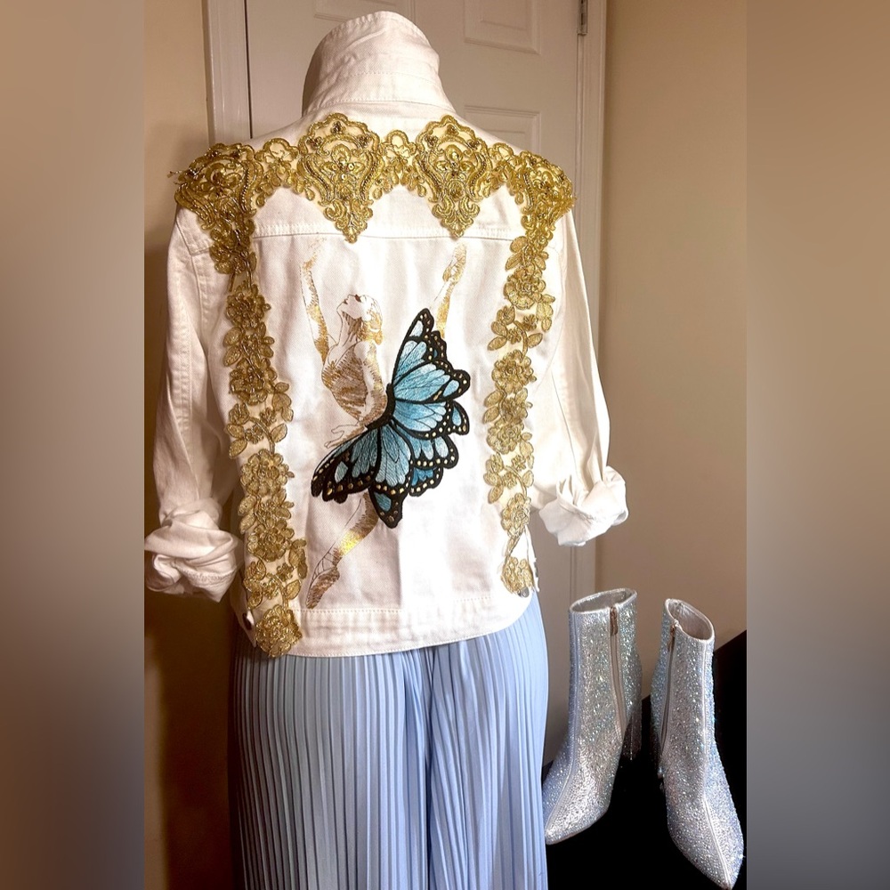 *SALE*Embroidered White Jean Jacket with Gold Lace and Butterfly Design - Picture 2 of 6
